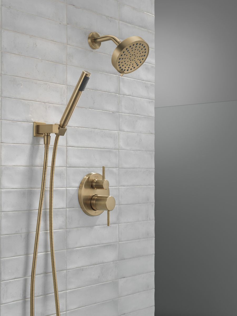DELTA Modern 14S Shower Trim w Fixed Head & Hand Shower — Champagne Bronze