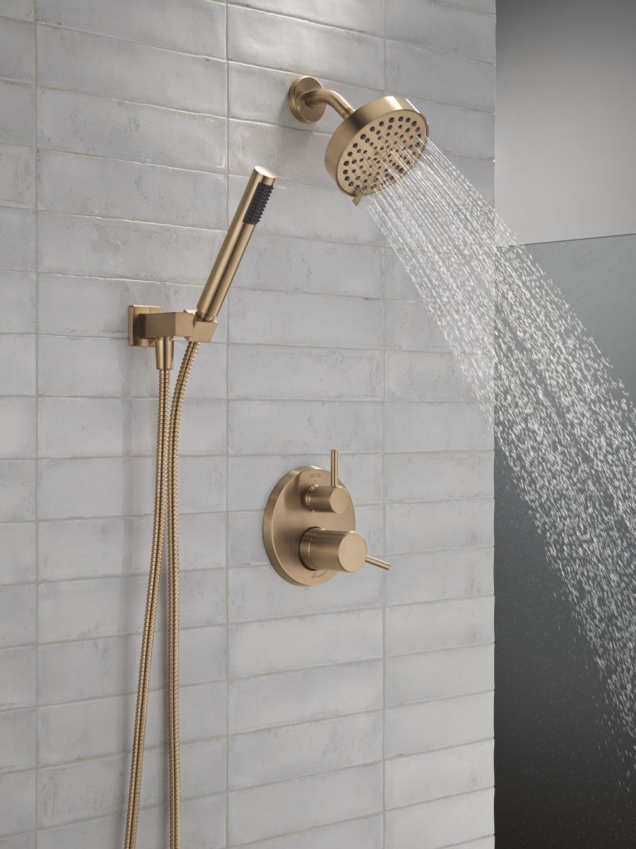 DELTA Modern 14S Shower Trim w Fixed Head & Hand Shower — Champagne Bronze