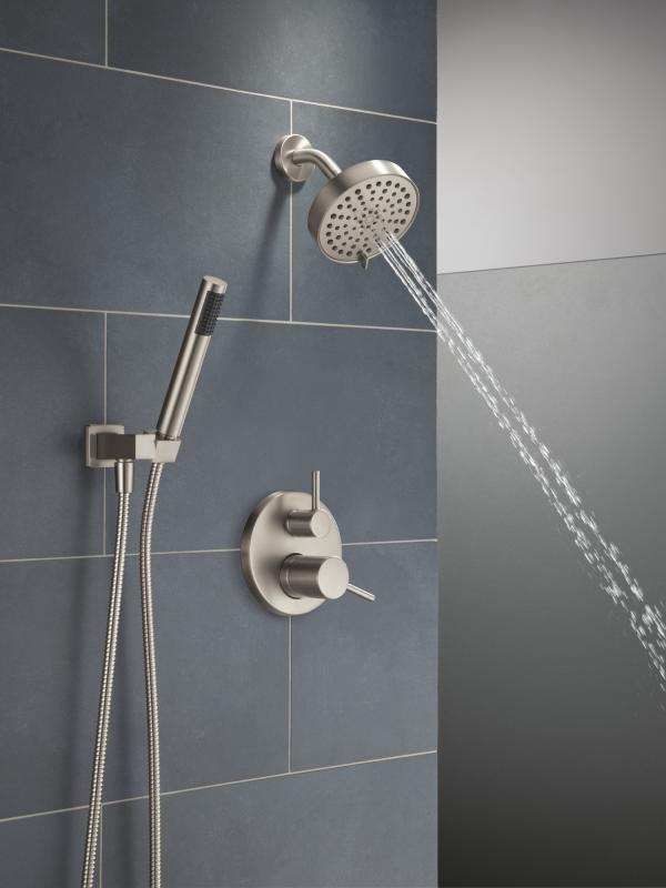 DELTA Modern 14S Shower Trim w Fixed Head & Hand Shower — Spotshield Brushed Nickel