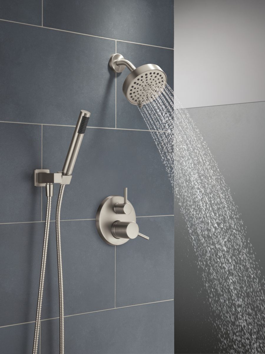 DELTA Modern 14S Shower Trim w Fixed Head & Hand Shower — Spotshield Brushed Nickel