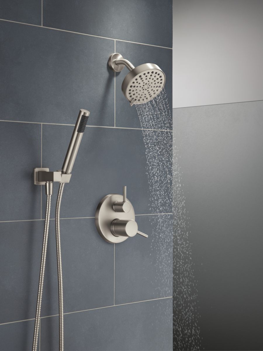 DELTA Modern 14S Shower Trim w Fixed Head & Hand Shower — Spotshield Brushed Nickel