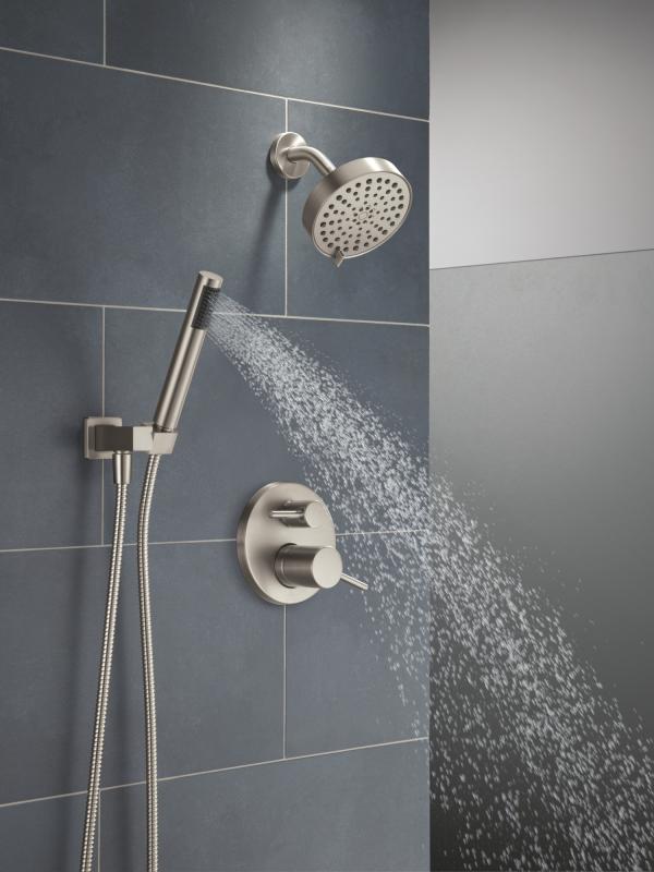 DELTA Modern 14S Shower Trim w Fixed Head & Hand Shower — Spotshield Brushed Nickel