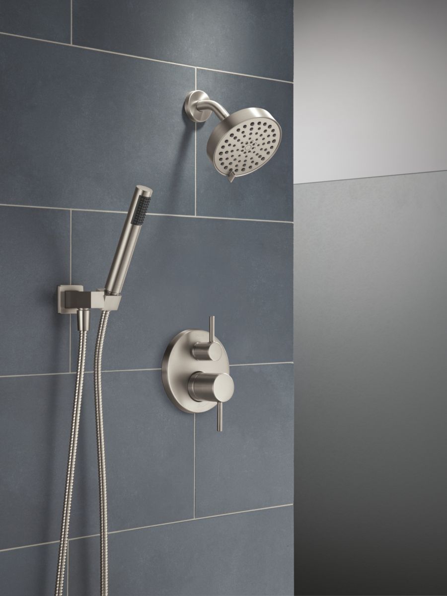 DELTA Modern 14S Shower Trim w Fixed Head & Hand Shower — Spotshield Brushed Nickel