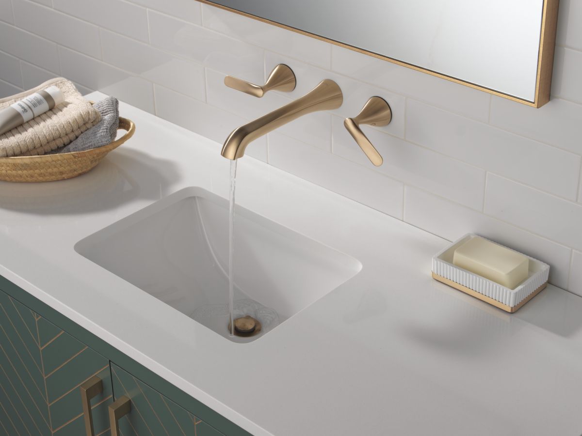 DELTA Bonacci Two Handle Wall Mount Bathroom Faucet — Lumicoat® Champagne Bronze
