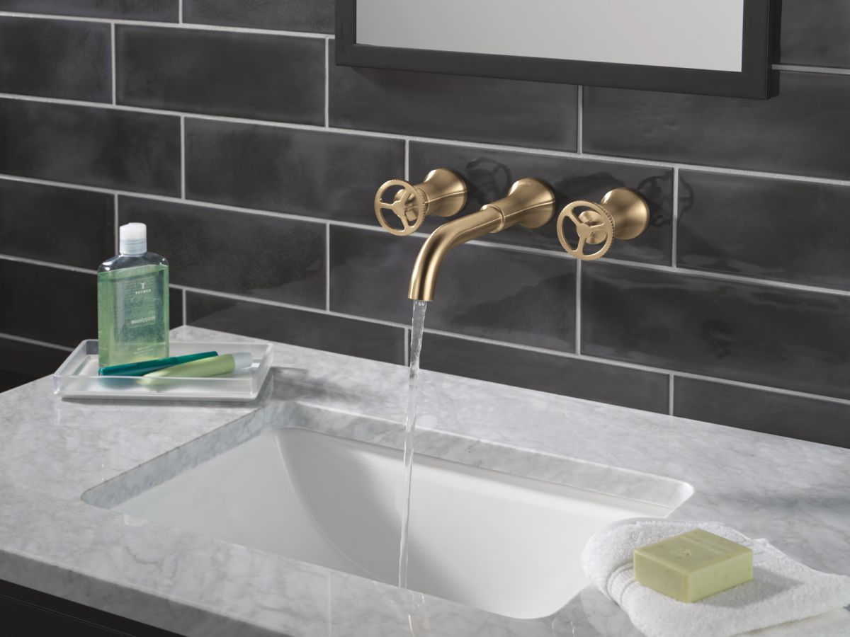 DELTA Trinsic Two Handle Wall Mount Bathroom Faucet — Champagne Bronze