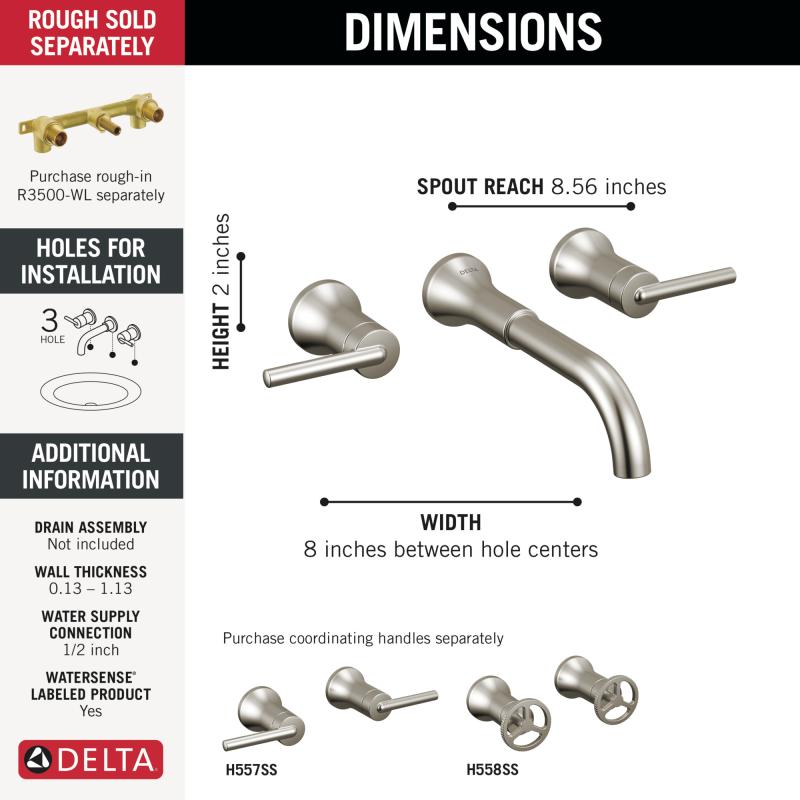 DELTA Trinsic Two Handle Wall Mount Bathroom Faucet — Stainless
