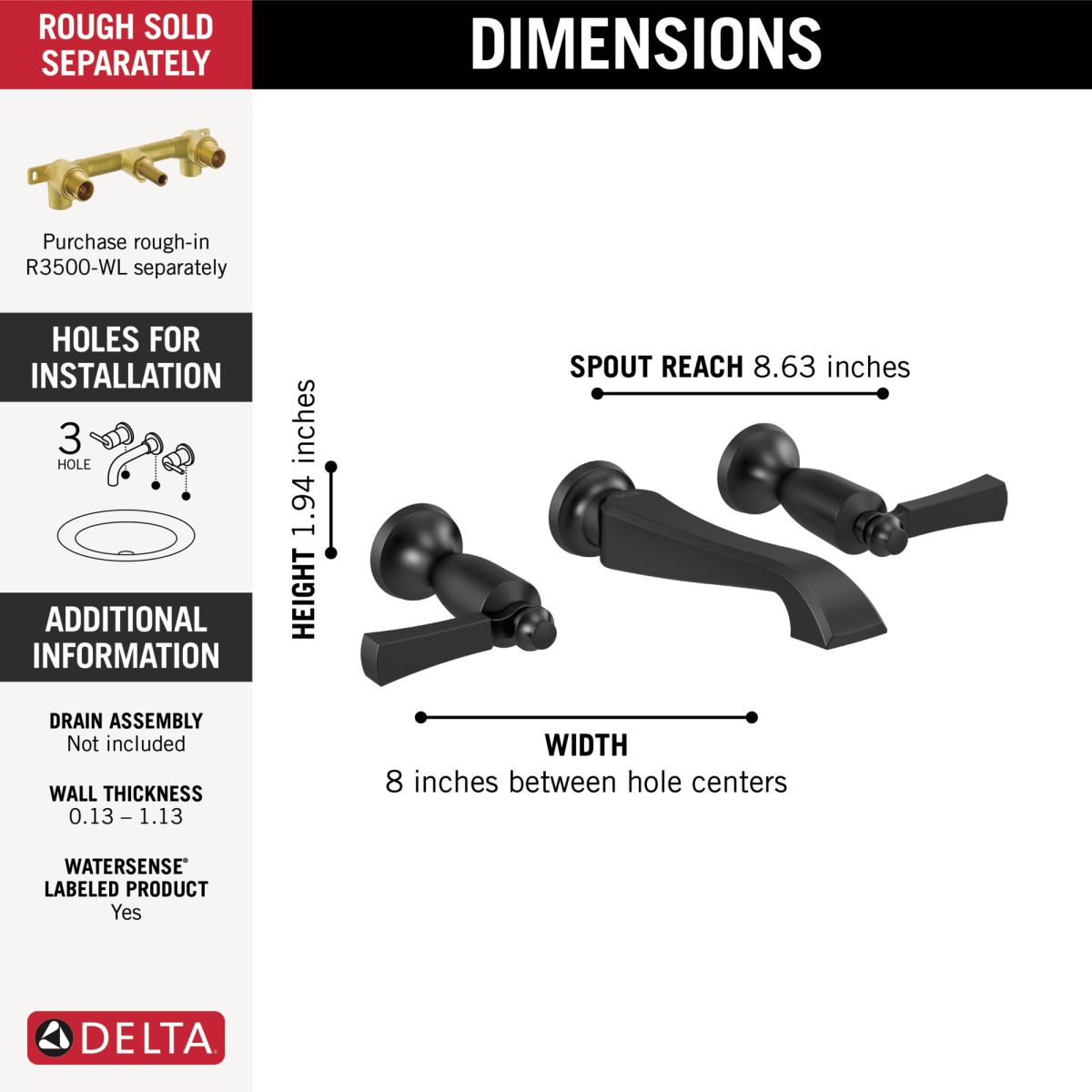 DELTA Dorval Two Handle Wall Mount Bathroom Faucet Trim Only — Matte Black