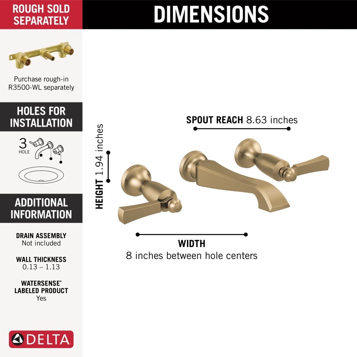 DELTA Dorval Two Handle Wall Mount Bathroom Faucet Trim Only — Champagne Bronze