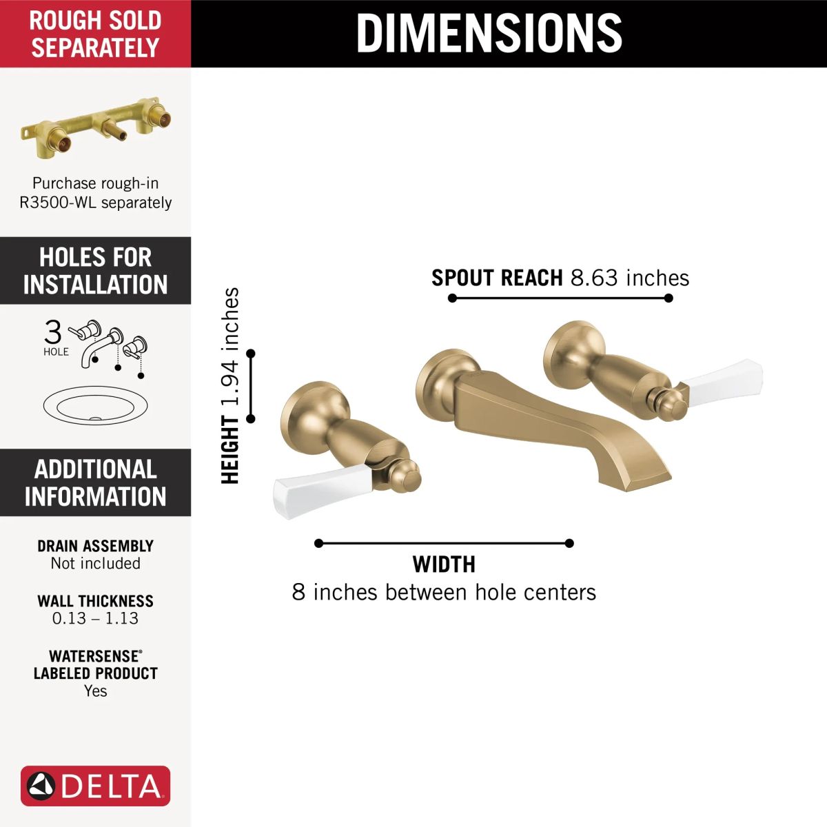 DELTA Dorval Two Handle Wall Mount Bathroom Faucet Trim Only — Champagne Bronze / Porcelain