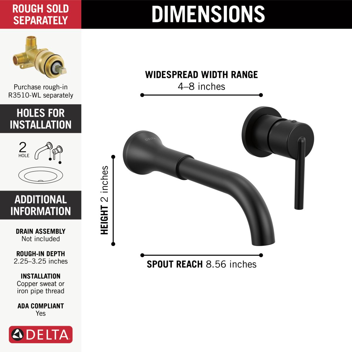 DELTA Trinsic Single Handle Wall Mount Bathroom Faucet Trim — Matte Black