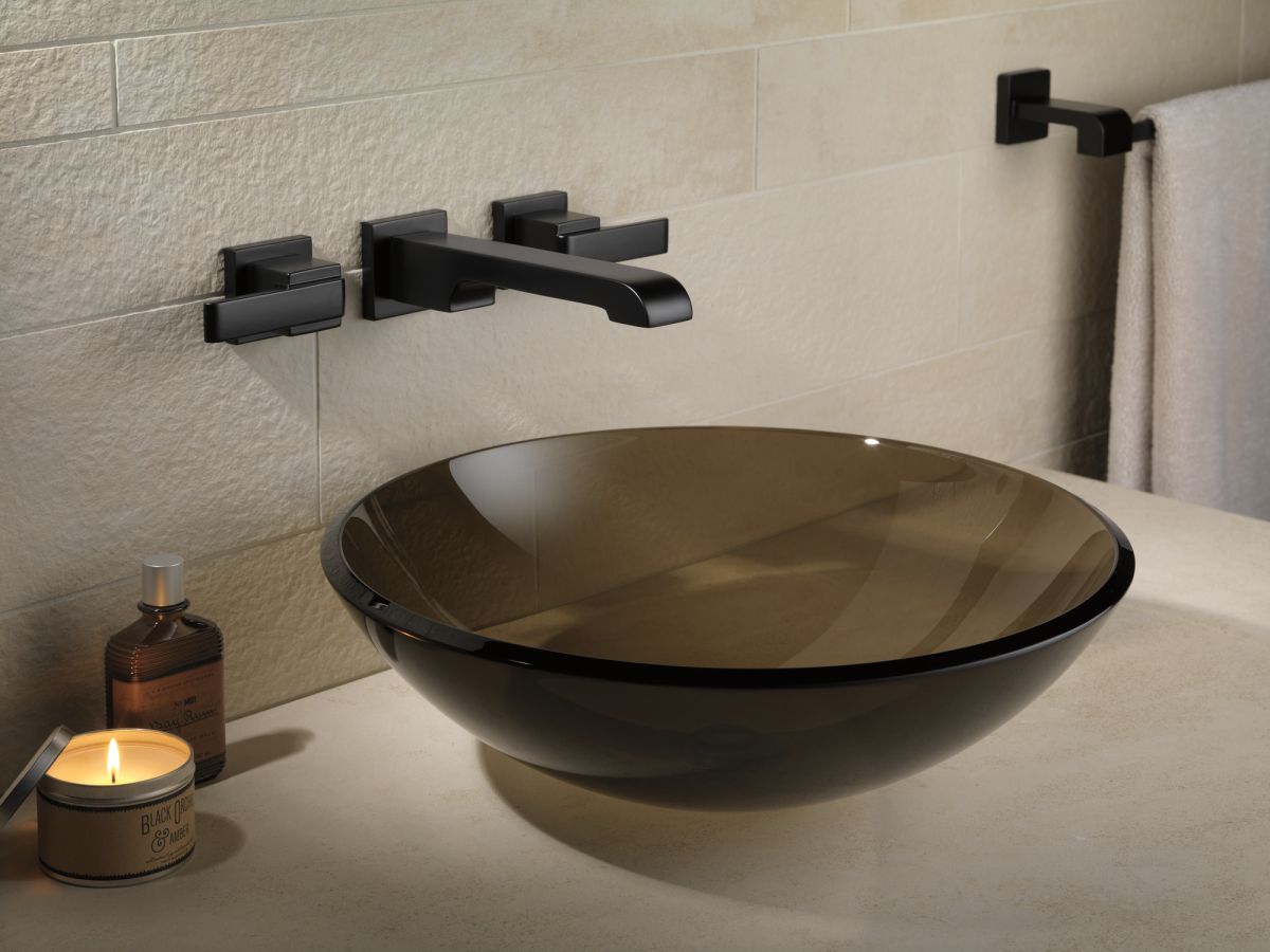 DELTA Ara Two Handle Wall Mount Bathroom Faucet Trim — Matte Black