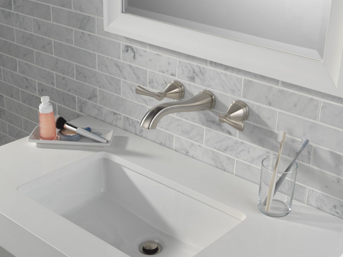 DELTA Stryke Two Handle Wall Mount Bathroom Faucet Trim — Lumicoat® Stainless