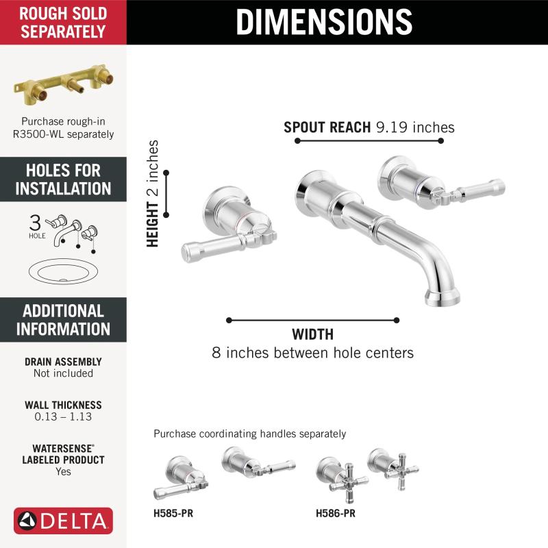 DELTA Broderick Two Handle Wall Mount Bathroom Faucet Trim - Less Handles — Lumicoat® Chrome