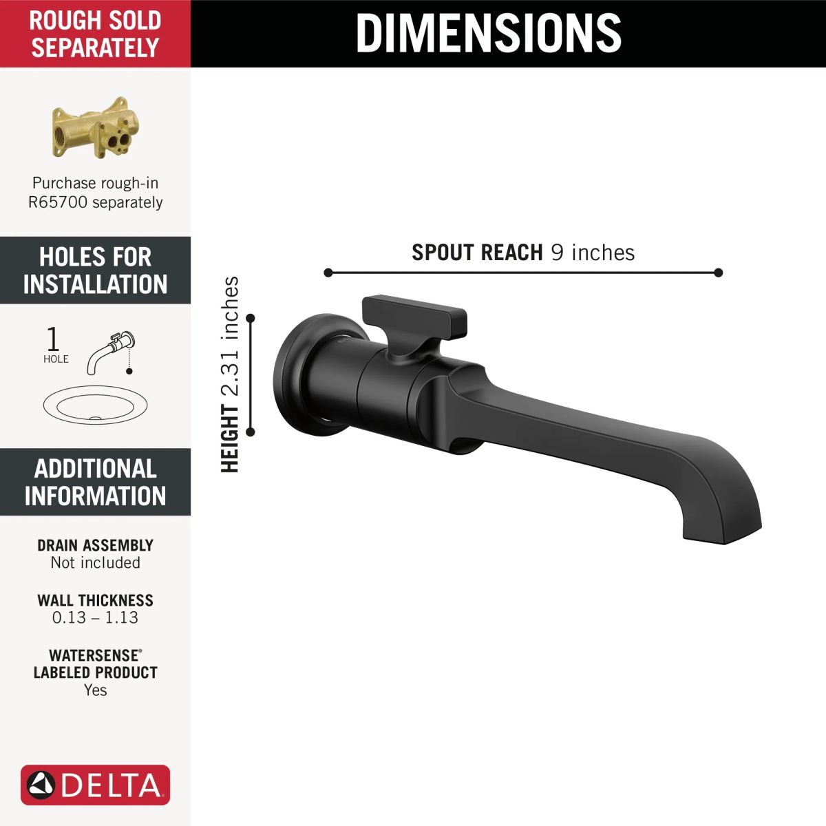 DELTA Tetra Single Handle Wall Mount Bathroom Faucet Trim — Matte Black