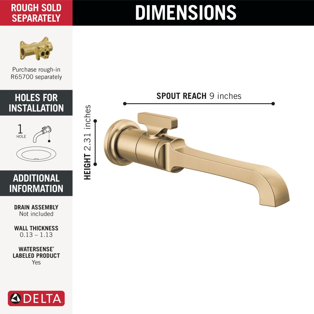 DELTA Tetra Single Handle Wall Mount Bathroom Faucet Trim — Lumicoat® Champagne Bronze