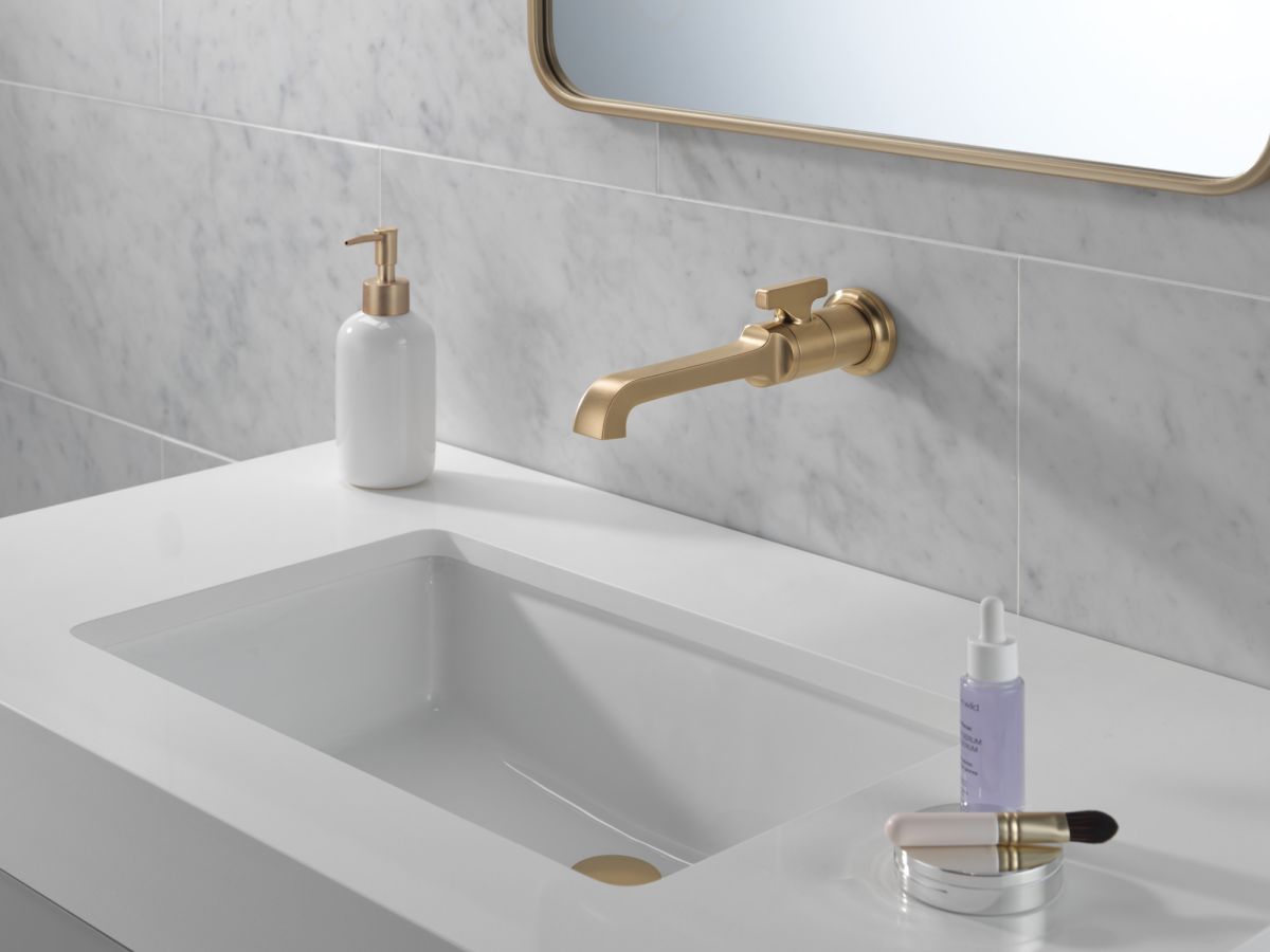DELTA Tetra Single Handle Wall Mount Bathroom Faucet Trim — Lumicoat® Champagne Bronze