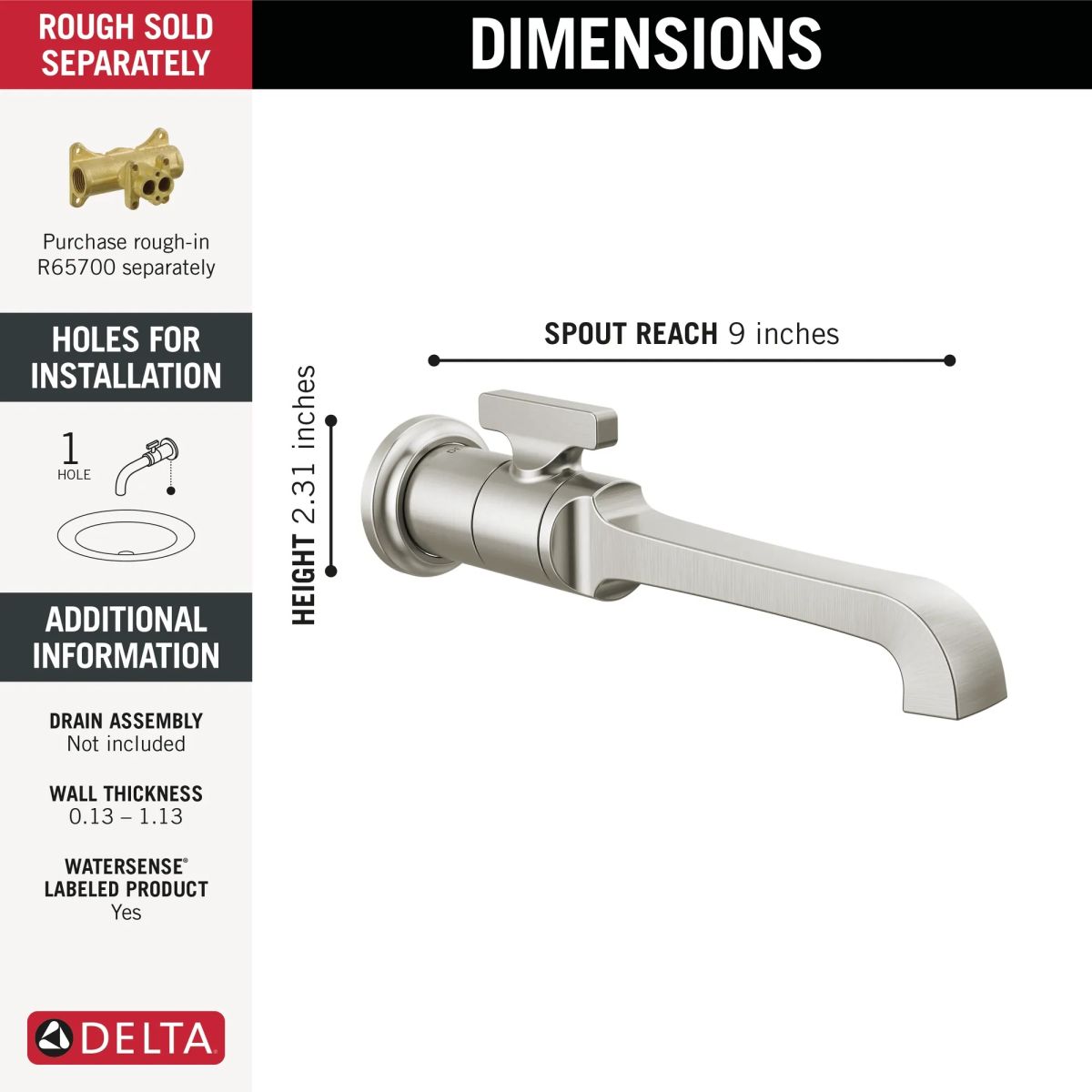 DELTA Tetra Single Handle Wall Mount Bathroom Faucet Trim — Lumicoat® Stainless