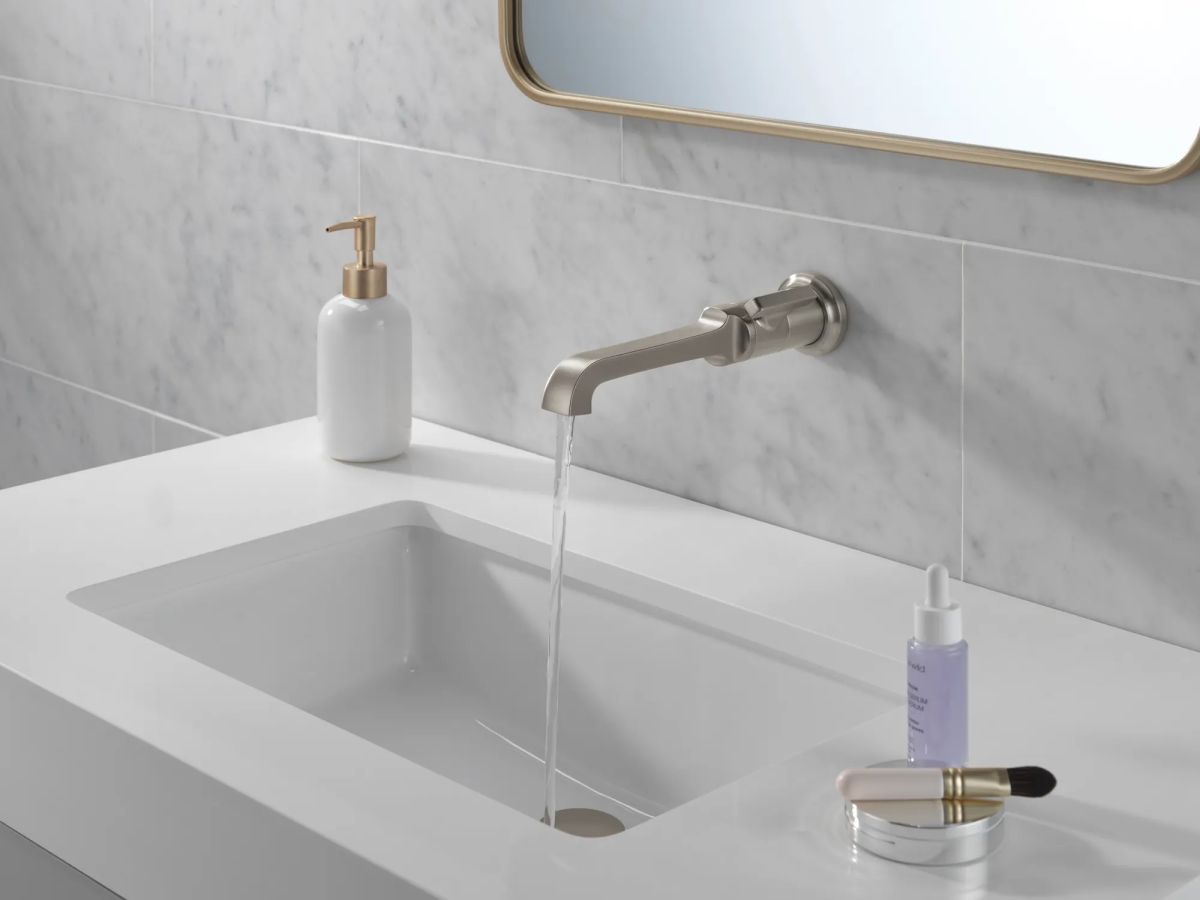 DELTA Tetra Single Handle Wall Mount Bathroom Faucet Trim — Lumicoat® Stainless
