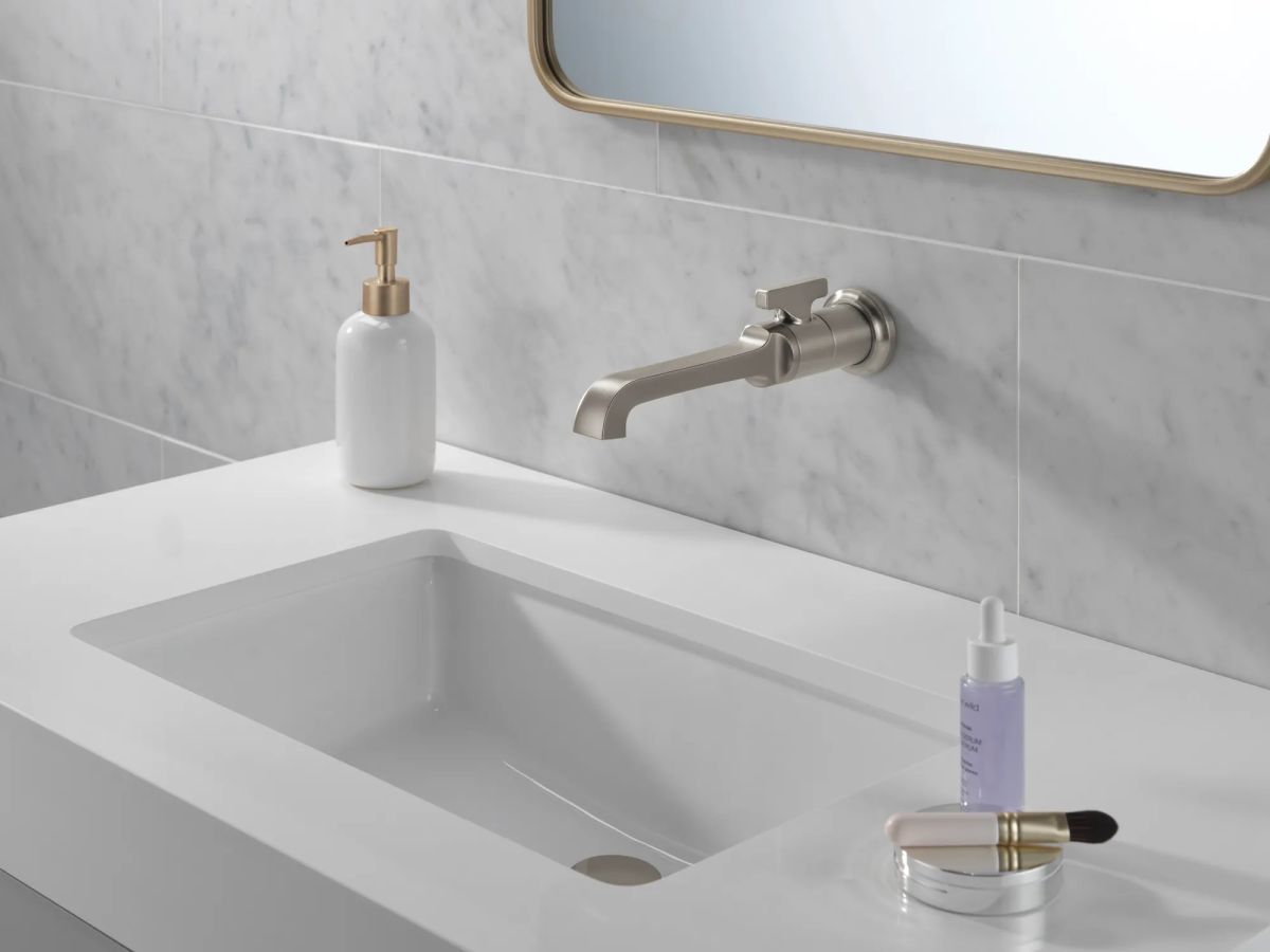 DELTA Tetra Single Handle Wall Mount Bathroom Faucet Trim — Lumicoat® Stainless