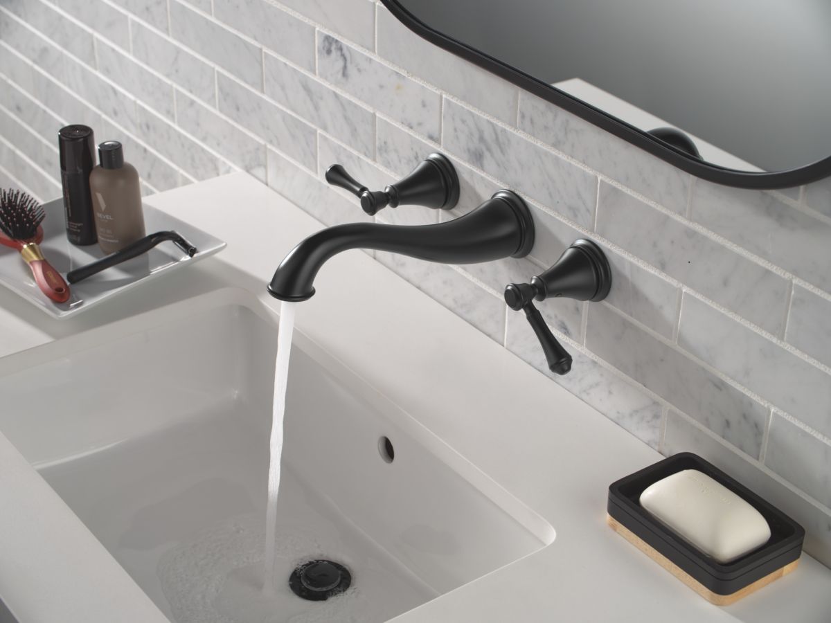 DELTA Cassidy Two Handle Wall-Mount Bathroom Faucet Trim — Matte Black