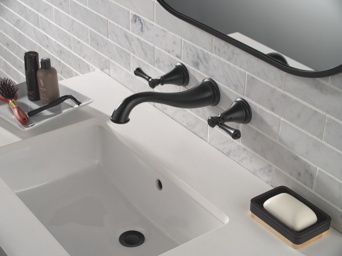 DELTA Cassidy Two Handle Wall-Mount Bathroom Faucet Trim — Matte Black