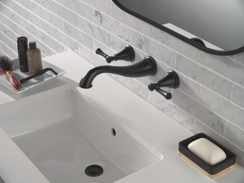 DELTA Cassidy Two Handle Wall-Mount Bathroom Faucet Trim — Matte Black