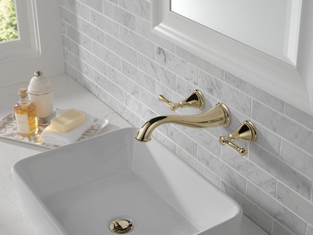 DELTA Cassidy Two Handle Wall Mount Bathroom Faucet Trim — Polished Nickel