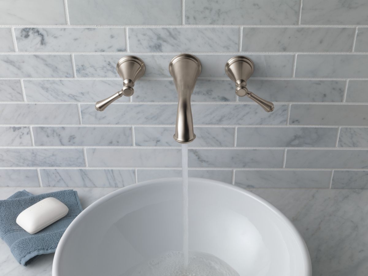 DELTA Cassidy Two Handle Wall Mount Bathroom Faucet Trim — Stainless