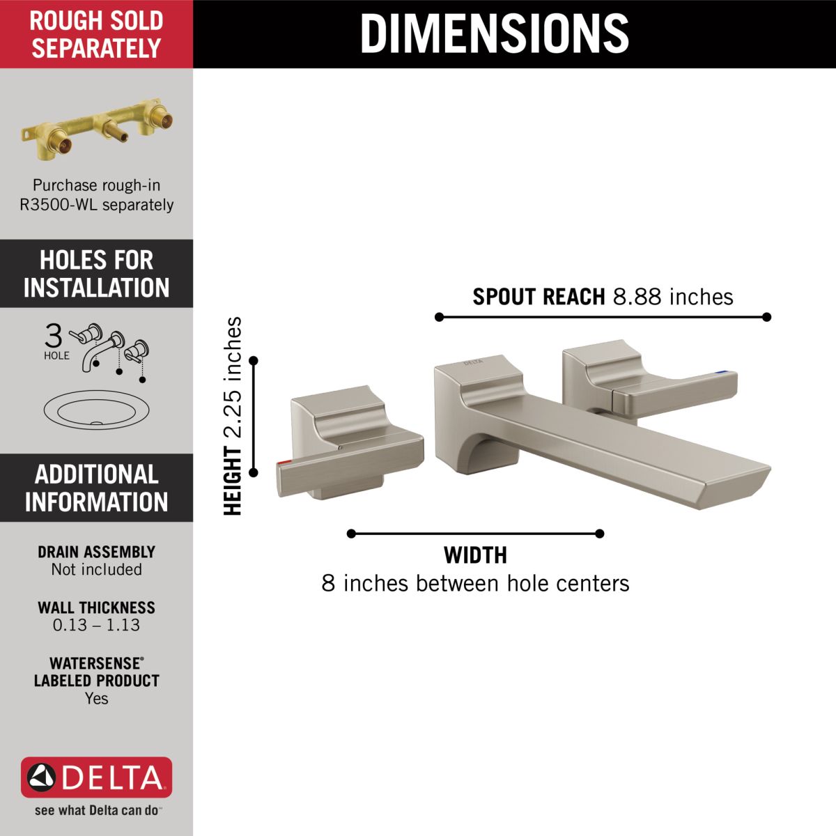 DELTA Pivotal Two Handle Wall Mount Bathroom Faucet Trim — Lumicoat® Stainless