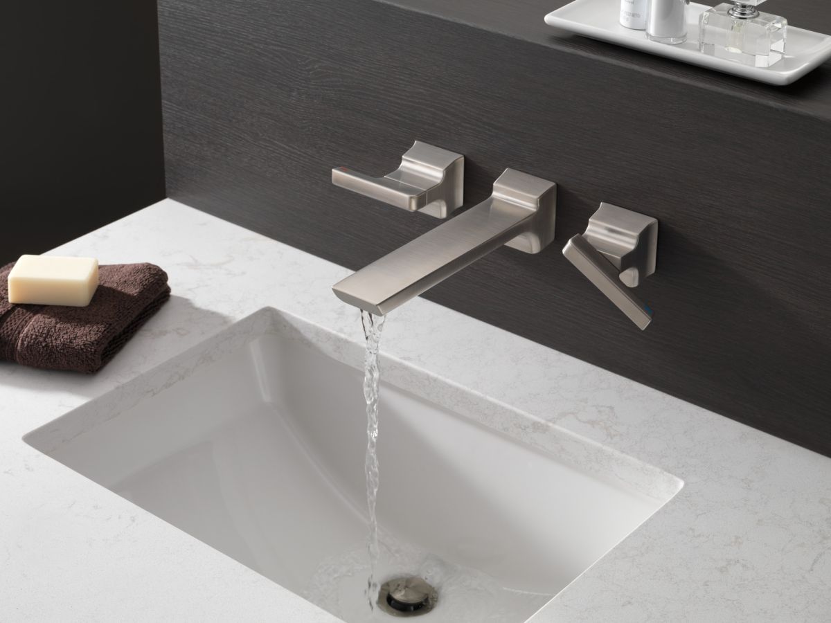 DELTA Pivotal Two Handle Wall Mount Bathroom Faucet Trim — Lumicoat® Stainless