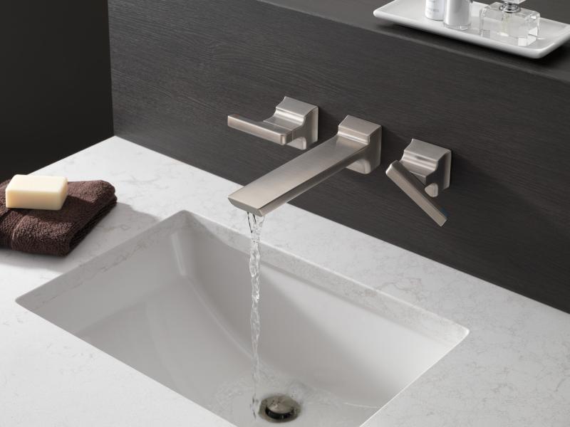 DELTA Pivotal Two Handle Wall Mount Bathroom Faucet Trim — Lumicoat® Stainless