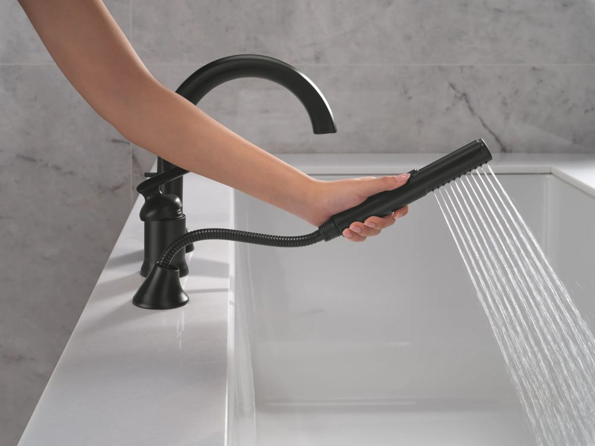 DELTA Bonacci Three Hole Roman Tub Trim with Hand Shower — Matte Black