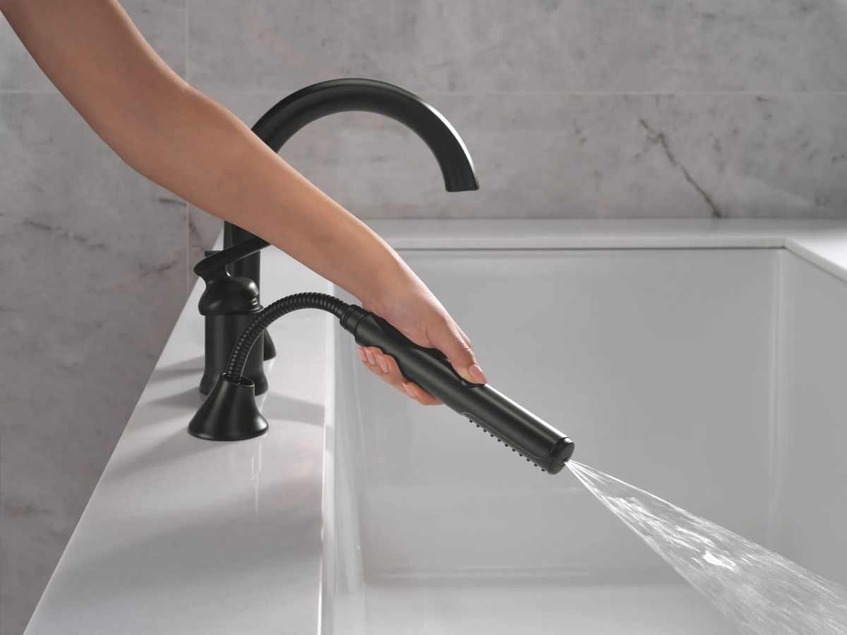DELTA Bonacci Three Hole Roman Tub Trim with Hand Shower — Matte Black