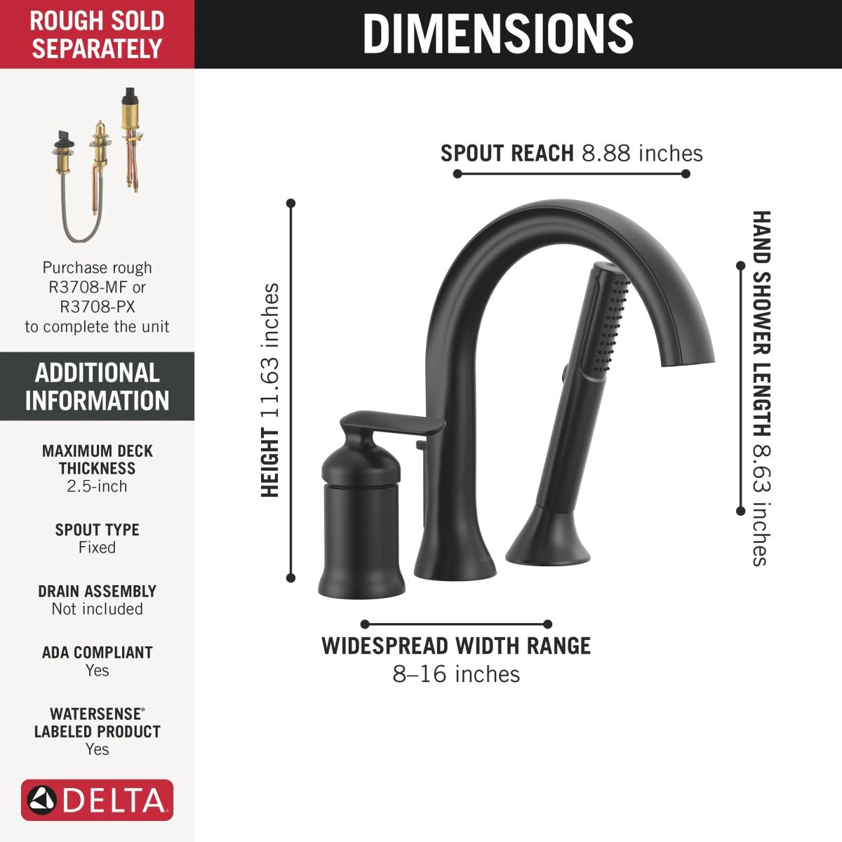 DELTA Bonacci Three Hole Roman Tub Trim with Hand Shower — Matte Black