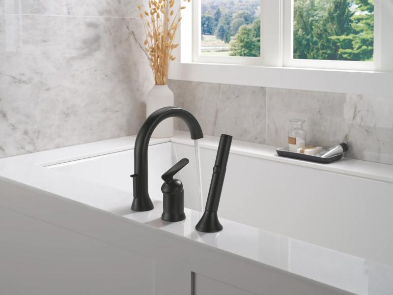 DELTA Bonacci Three Hole Roman Tub Trim with Hand Shower — Matte Black