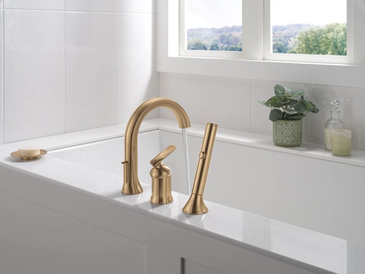 DELTA Bonacci Three Hole Roman Tub Trim with Hand Shower — Lumicoat® Champagne Bronze