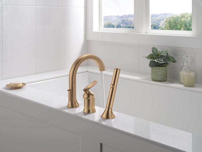 DELTA Bonacci Three Hole Roman Tub Trim with Hand Shower — Lumicoat® Champagne Bronze