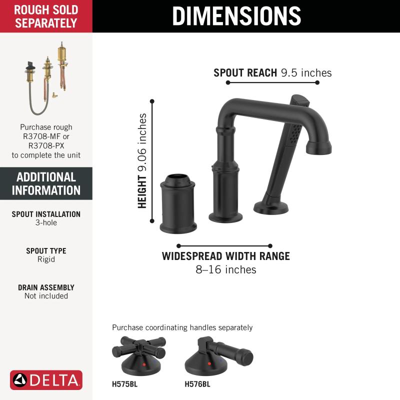 DELTA Broderick Three Hole Roman Tub Trim with Hand Shower - Less Handle — Matte Black