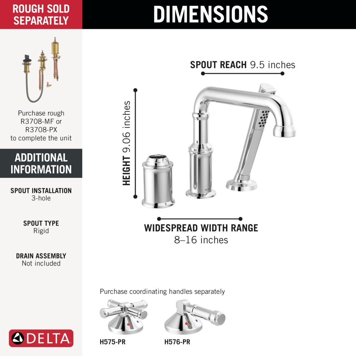 DELTA Broderick Three Hole Roman Tub Trim with Hand Shower - Less Handle — Lumicoat® Chrome