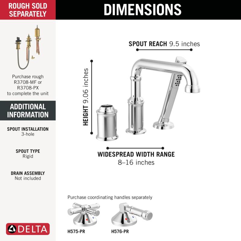 DELTA Broderick Three Hole Roman Tub Trim with Hand Shower - Less Handle — Lumicoat® Chrome