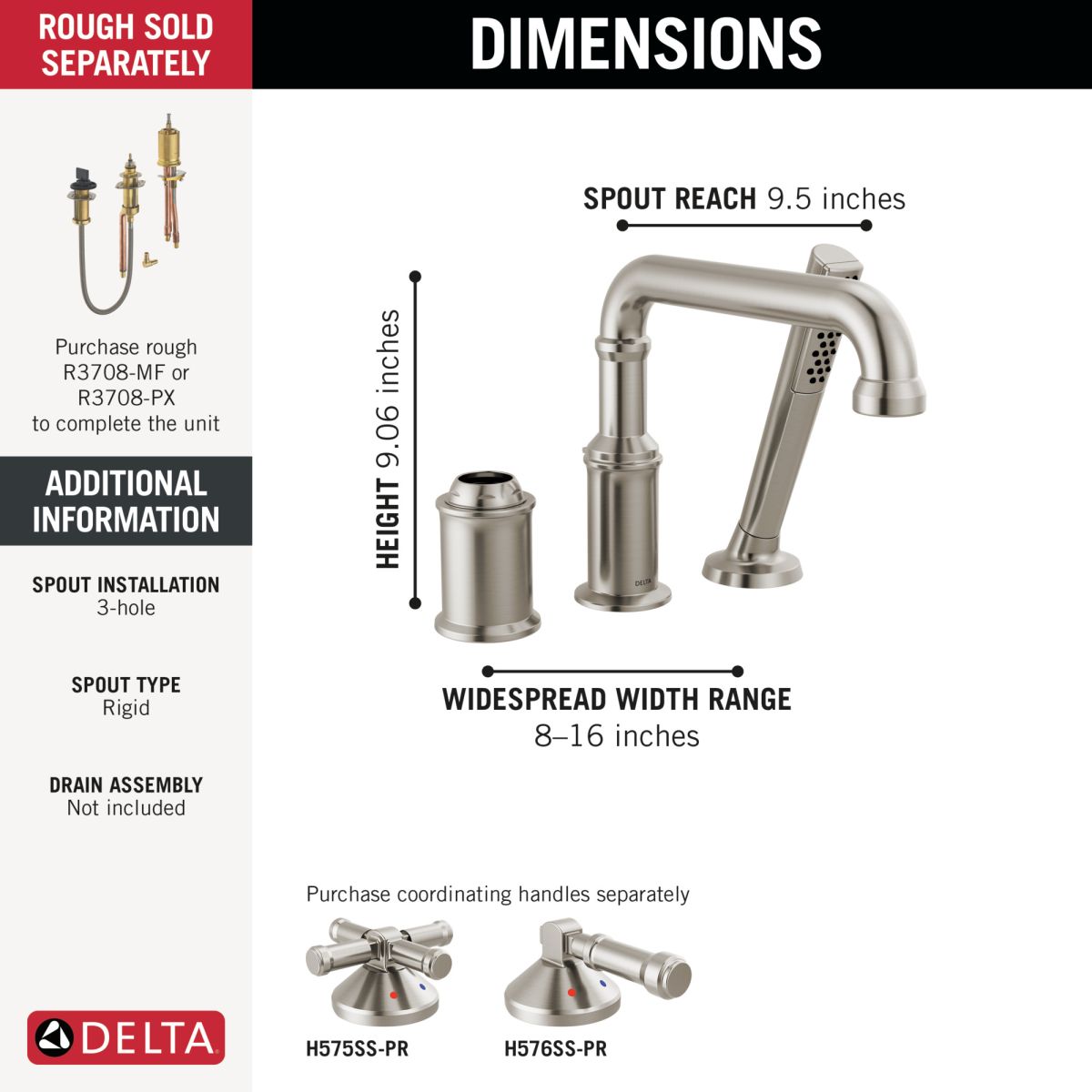 DELTA Broderick Three Hole Roman Tub Trim with Hand Shower - Less Handle — Lumicoat® Stainless