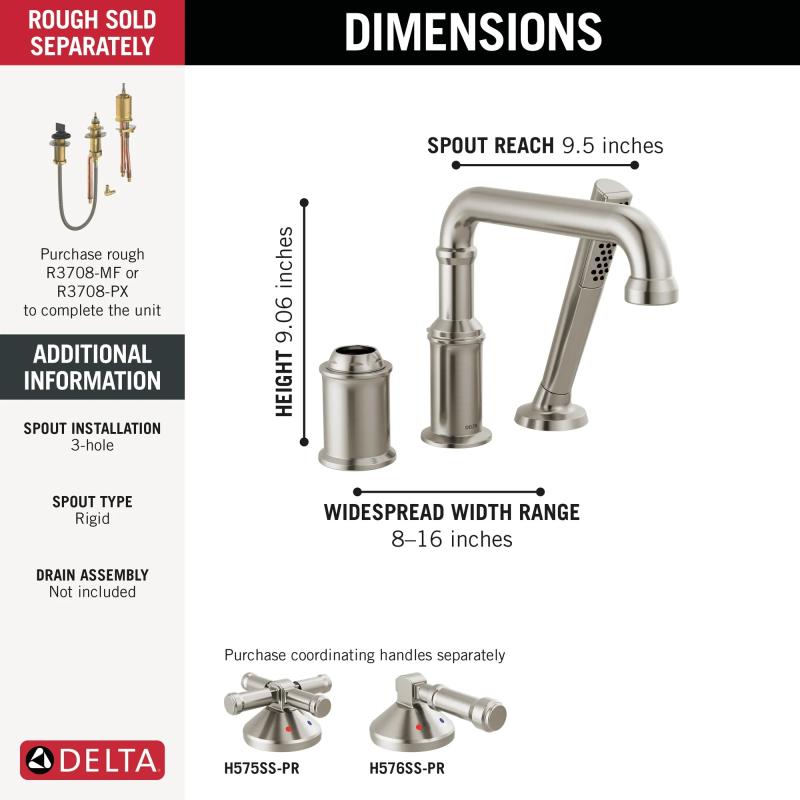 DELTA Broderick Three Hole Roman Tub Trim with Hand Shower - Less Handle — Lumicoat® Stainless