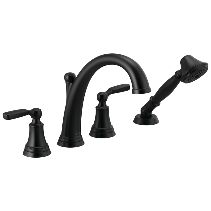 DELTA Woodhurst Roman Tub with Hand Shower Trim — Matte Black