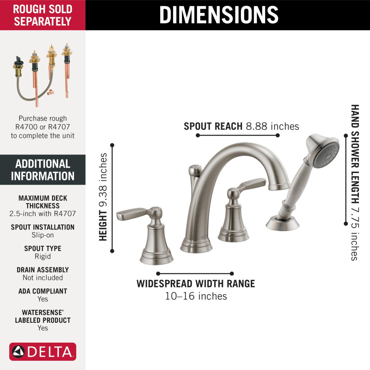 DELTA Woodhurst Roman Tub with Handshower Trim — Stainless