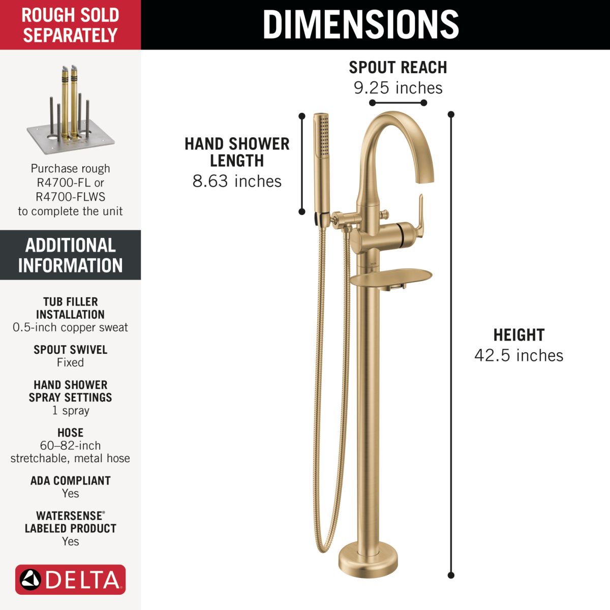 DELTA Bonacci Floor Mount Tub Filler Trim — Lumicoat® Champagne Bronze