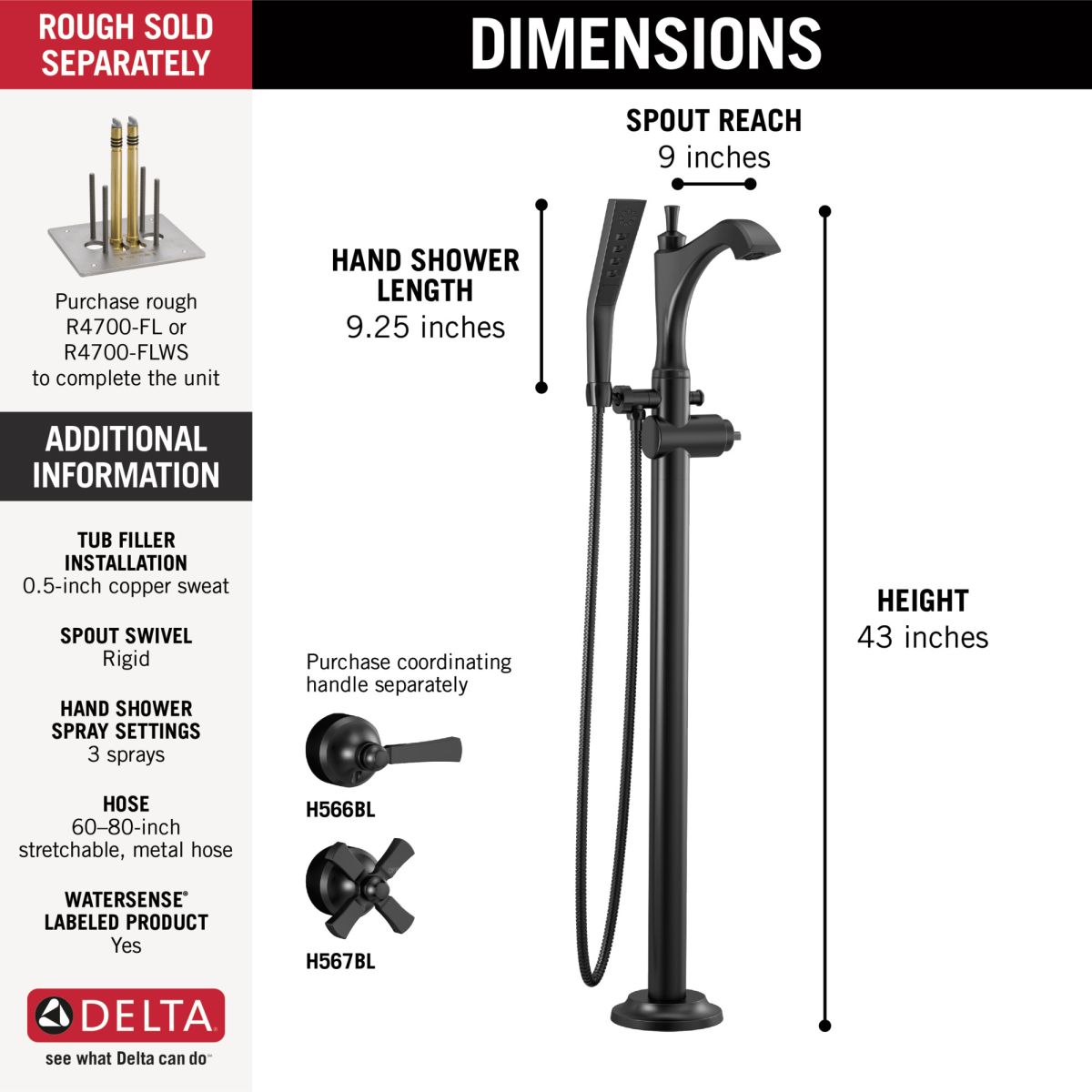 DELTA Dorval Single Handle Floor Mount Tub Filler Trim - Less Handle — Matte Black