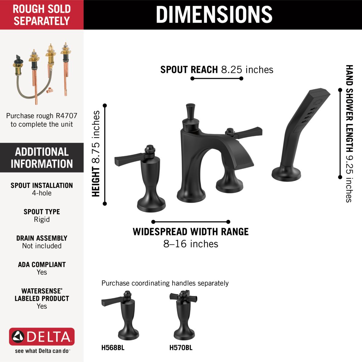 DELTA Dorval Roman Tub with Hand Shower Trim - Less Handles — Matte Black