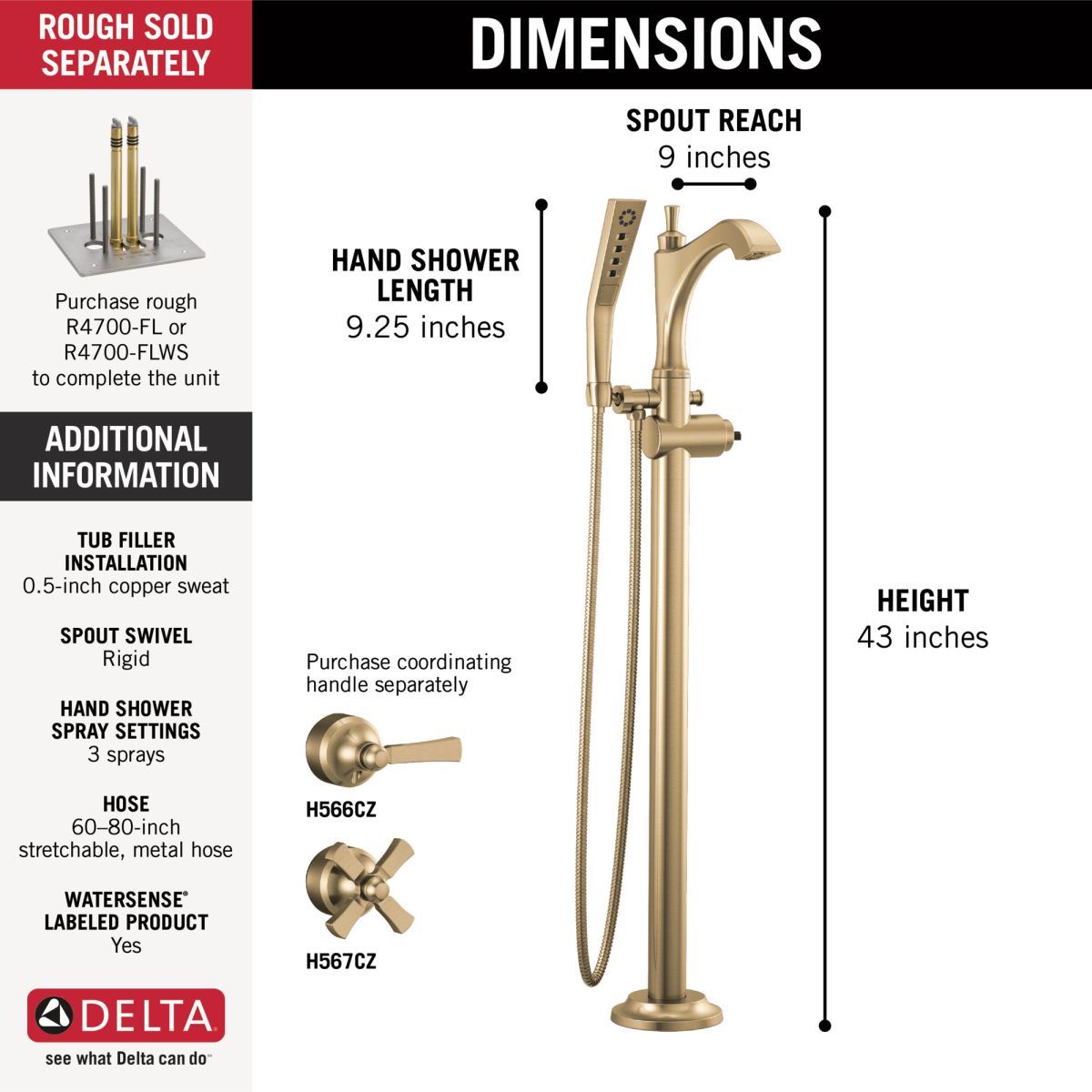 DELTA Dorval Single Handle Floor Mount Tub Filler Trim - Less Handle — Champagne Bronze