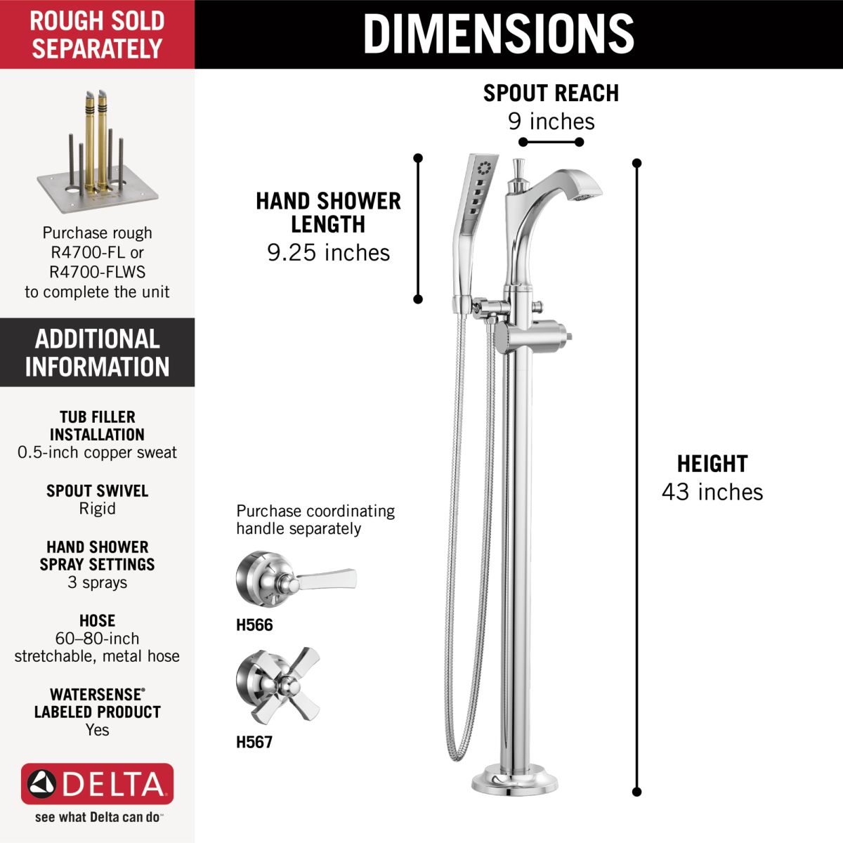 DELTA Dorval Single Handle Floor Mount Tub Filler Trim - Less Handle — Chrome