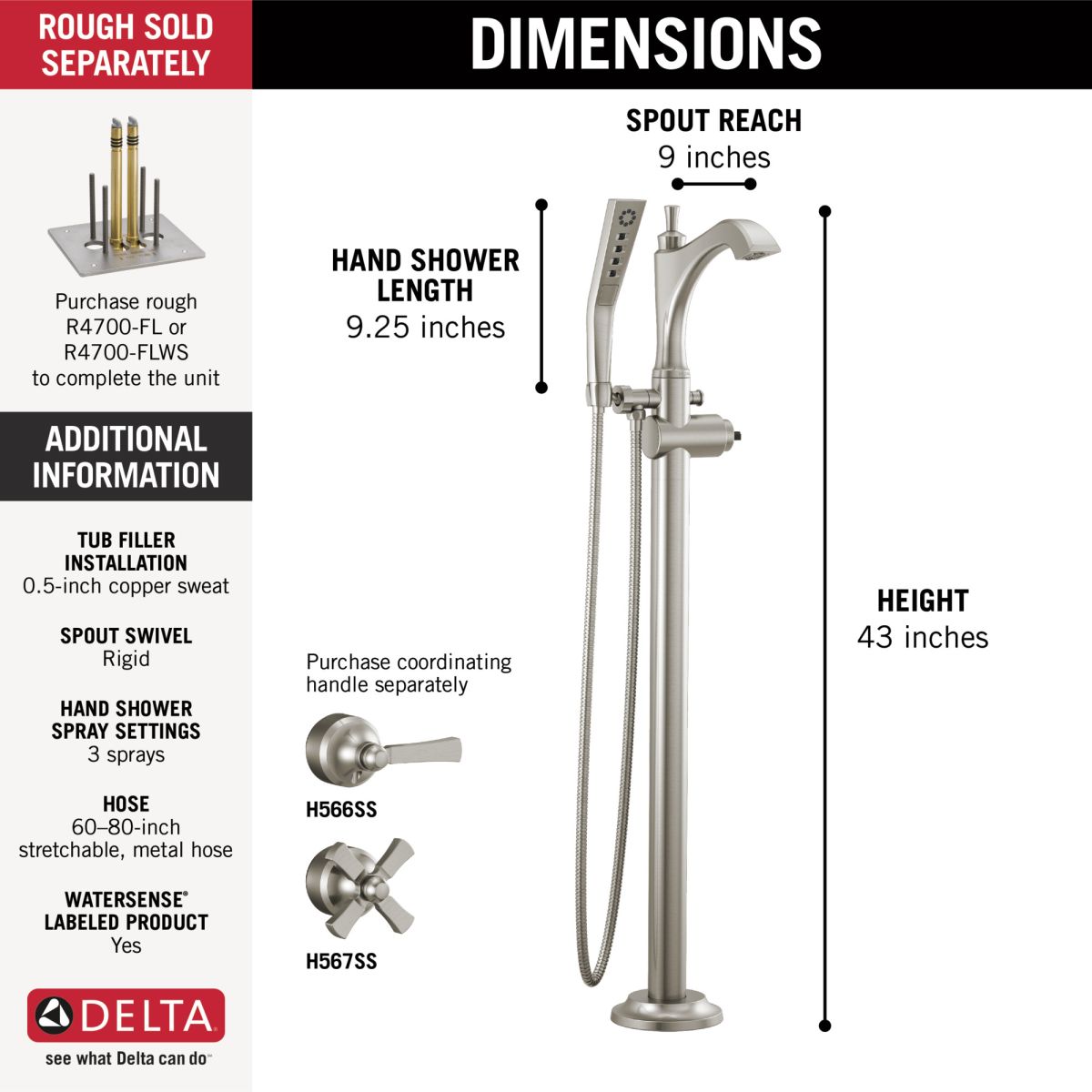 DELTA Dorval Single Handle Floor Mount Tub Filler Trim - Less Handle — Stainless